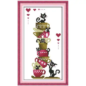 

Black cats on the cups printed on the canvas 11CT 14CT DIY kit Chinese Cross Stitch embroidery needlework Set home decor