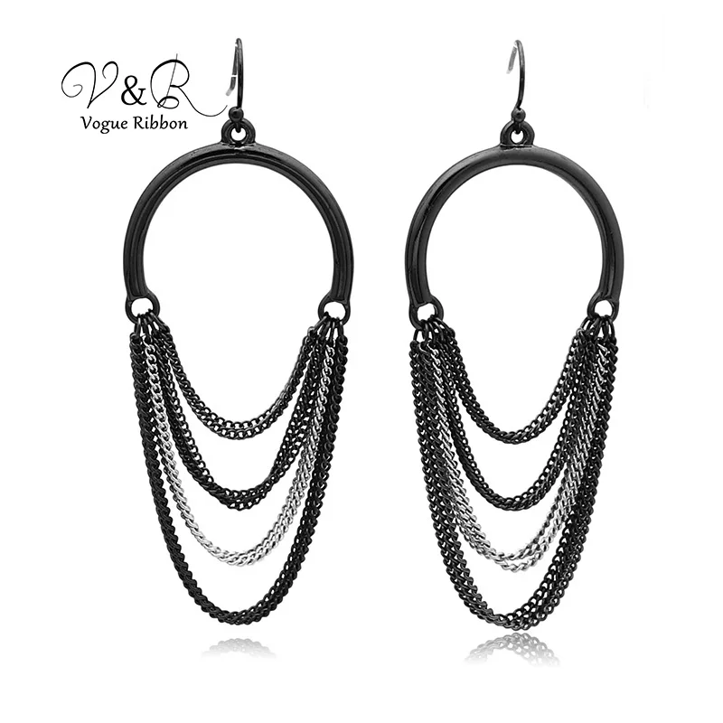 Imitation rhodium and hematite plated drop earring, with chain tassel, fashion jewelry for woman, basic metal style  (1)