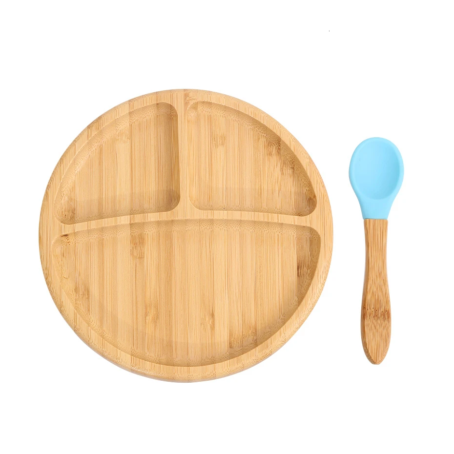 Миска на присоске из бамбука и силикона, детская Тарелка на присоске, деревянная посуда для кормления животных, детская миска, миска для кормления ребенка - Цвет: blue