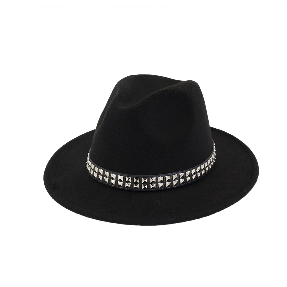 Для женщин Для мужчин шерстяная шляпа Fedora широкий джазования с полями шляпа с лента в стиле «панк» в джентльменском стиле; элегантные женские церковь различных мероприятий Размеры окружности головы 56-58 см - Цвет: Black