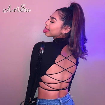 

ArtSu Bandage Backless Sexy T Shirt Women Tie Up Black Crop T-shirt Ladies Long Sleeve Tee Shirt Femme Streetwear ASTS21371