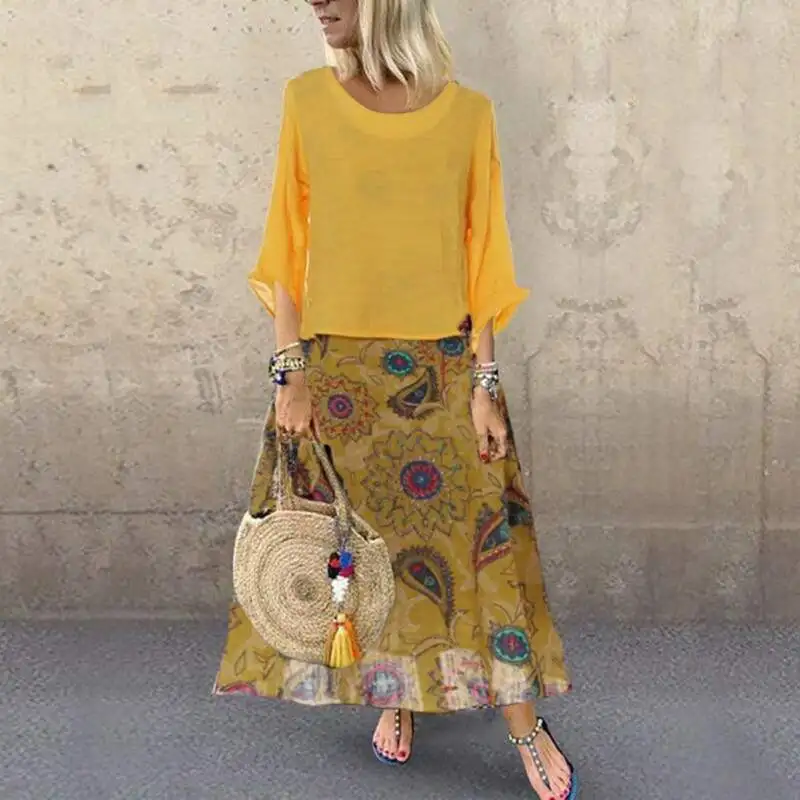 

Women Big Size Two Piece Dress Ladies Solid Long Sleeve Blouse Top Maxi Skirt 2Pcs Co-rd Set Loose Outfit Summer Holiday Clothes