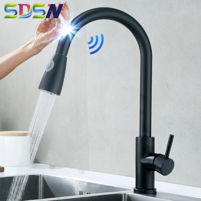 Фильтр, кухонный кран SDSN, вытяжной сенсорный кухонный смеситель, качественный латунный датчик, кухонный фильтр, кран, сенсорный кухонный смеситель - Цвет: H-black-touch
