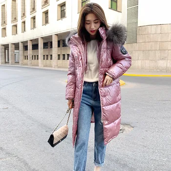 

High Quality 2020 New Winter Jacket Women Warm Thicken Hooded With Fur Long Coat Shining Fabric Stylish Female Parka