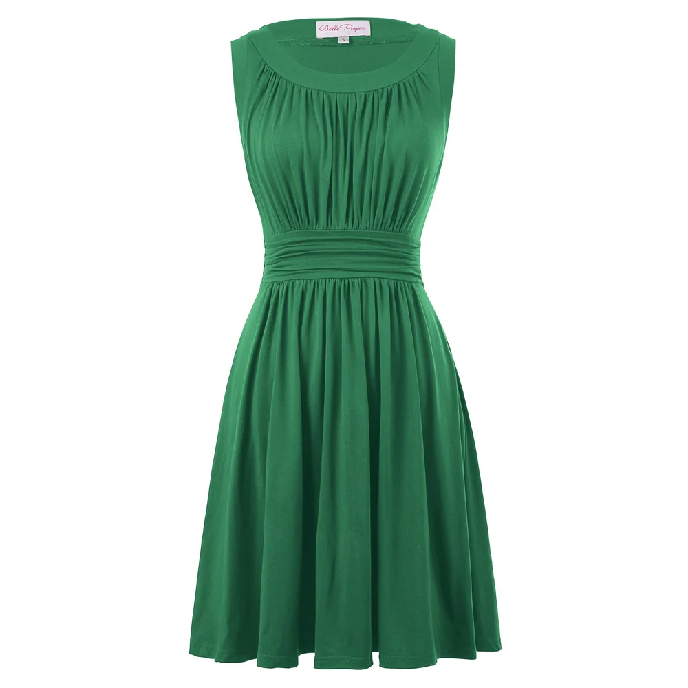 Женское платье ретро Винтаж плиссированные с рюшами дизайн сплошной цвет платья без рукавов Вырез Лодочкой хлопок А-Силуэт платье Элегантное vestido - Цвет: Dark Green