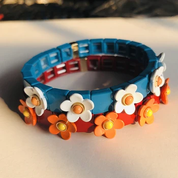 

New Hot Handmade Colorful Flower Elastic Bracelet Enamel Stretch Bangle Tile Beads Bracelet For Women Diy Jewelry Gifts
