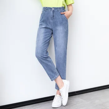 

Harlan Jeans Women's New Korean-Style Loose Capri Daddy Pants High Waist Large Size Slimming Cropped Denim Jeans Light Blue