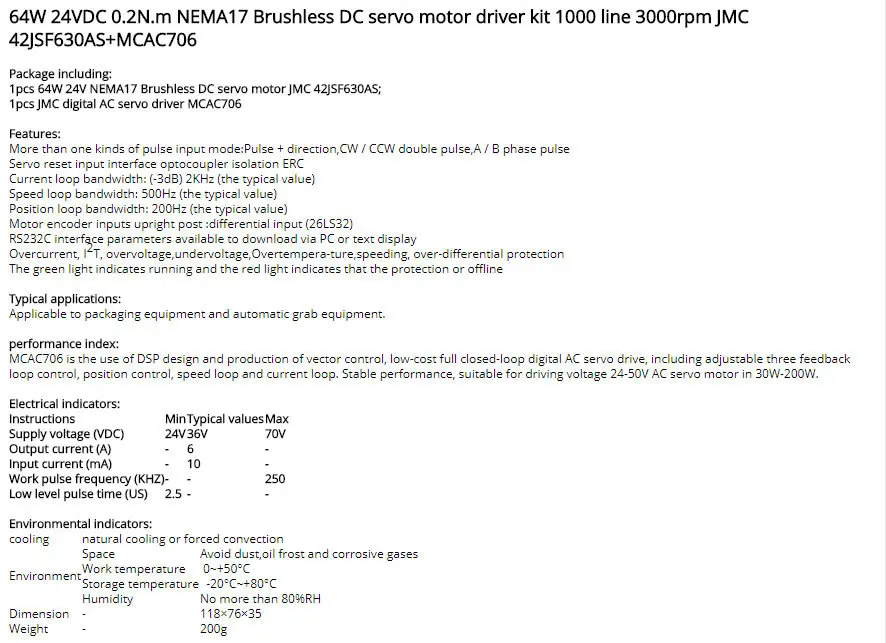 JMC 64W DC бесщеточный Серводвигатель привод Комплект 24V с кодером 3000rpm 42JSF630AS-1000+ MCAC706