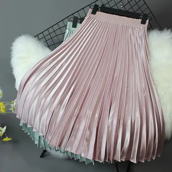 

New Pleated Skirts Women Spring Bright Long Skirts Female High Waist Midi Skirt Elegant Autumn Long Skirt Jupe Femme Top Quality