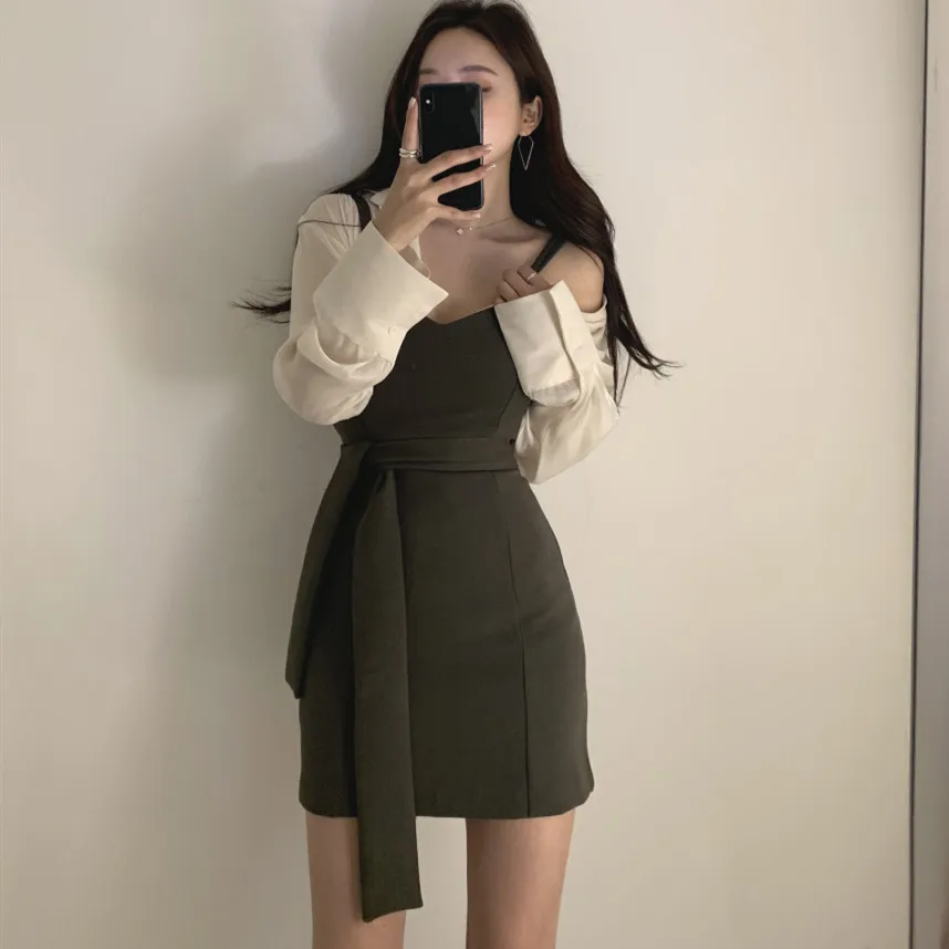 

Two Piece Set Women Long Sleeve Slightly Transparent Blouses and High Waist Sexy Mini Spaghetti Strap Lady Dress 2 Piece Suit
