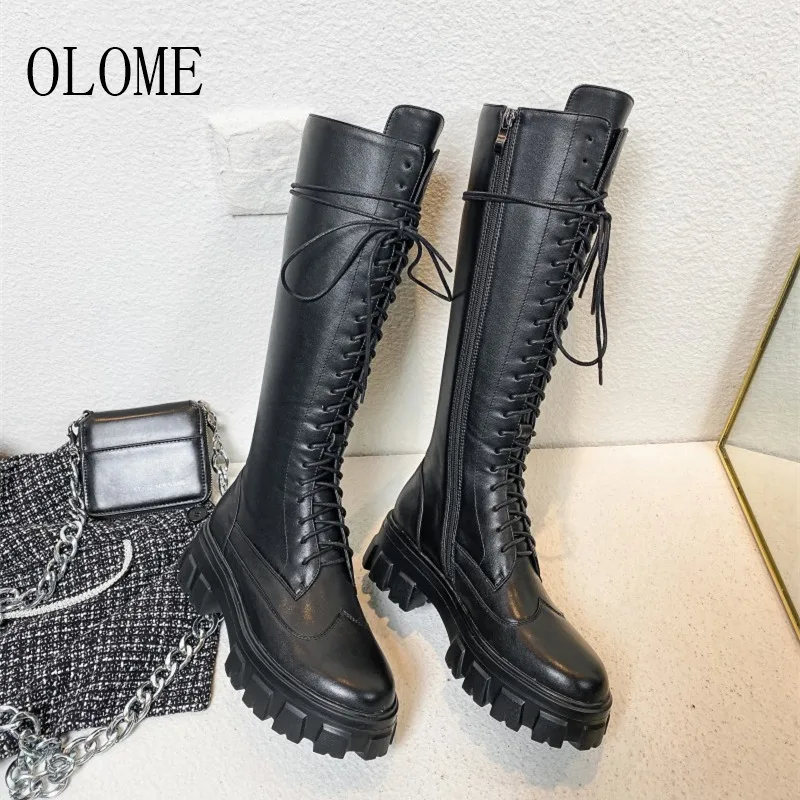 OLOME, новые модные черные женские сапоги до колена женские осенне-зимние сапоги с круглым носком и боковой молнией на среднем массивном каблуке