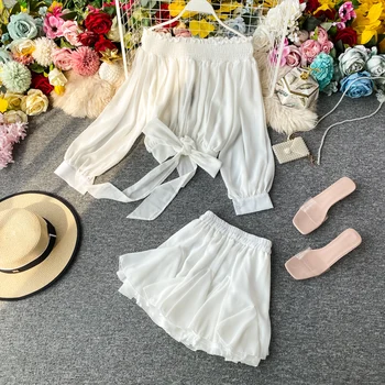 

2020 Summer Women Two Piece Set Vintage Lantern Long Sleeve Slash Neck Short Tops + Skirt Black/White 2pcs Set For Female New