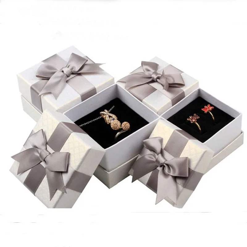 

50pcs/lot Bow square jewelry box Ring Earring Packaging boxes Necklace Pendant Carrying Cases Jewellery Organizer box