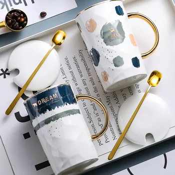 

Luxury Simple Coffee Mug Creative Ceramic with Spoon Lid High Quality Color Hand Painted Mug Caneca Kitchen Drinkware DB60MK