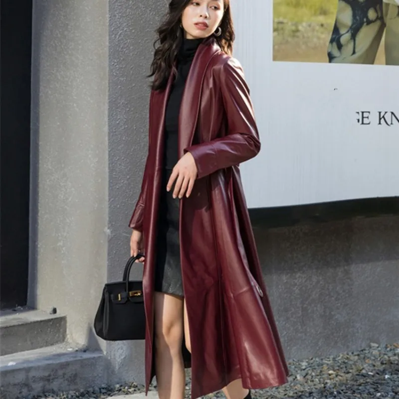 Elegant Women Long Sheepskin Genuine Leather Jacket Belted Slim Fit Trench Coat Ladies Vintage Windbreaker Real Leather Jackets