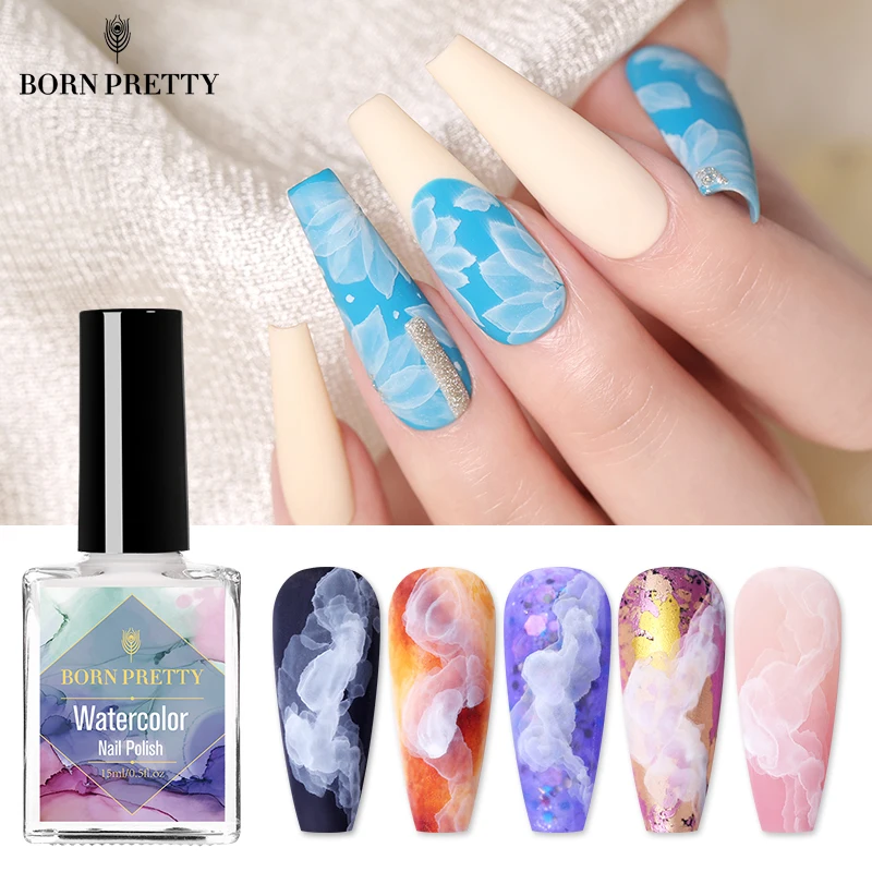 BORN PRETTY-15ml 네일 폴리쉬 화이트 수채화 네일 잉크, 손톱 디자인 자연 공기 건조 블루밍 네일 아트 바니시