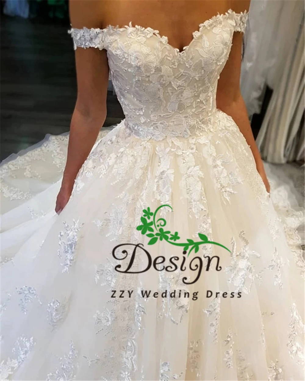 

Atractive Off The Shoulder Appliques Lace-Up Organza And Tulle Bride dress For Wedding Custom-Made Perfect Wedding Gown
