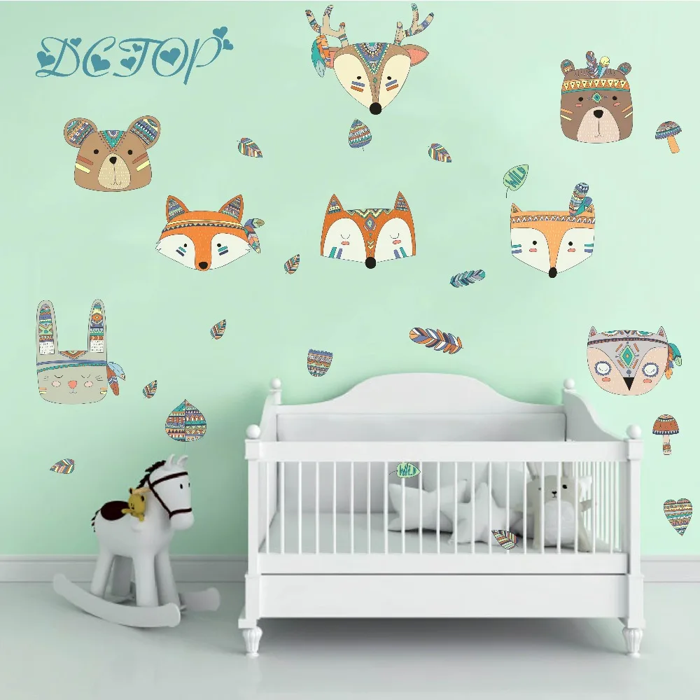 Children DIY Woodland Deer Bear Rabbit Fox Wall Stickers Forest Animal Decals For Kids Nursery Room Decoration Vinyls Home Mural (6)