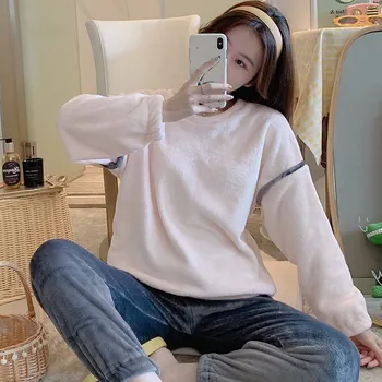

Warm Flannel Women's Homewear Cute Home Clothes Autumn Winter Female Sleepwear Long Sleeve Sweatshirt Full Pant Lady Pajama Set