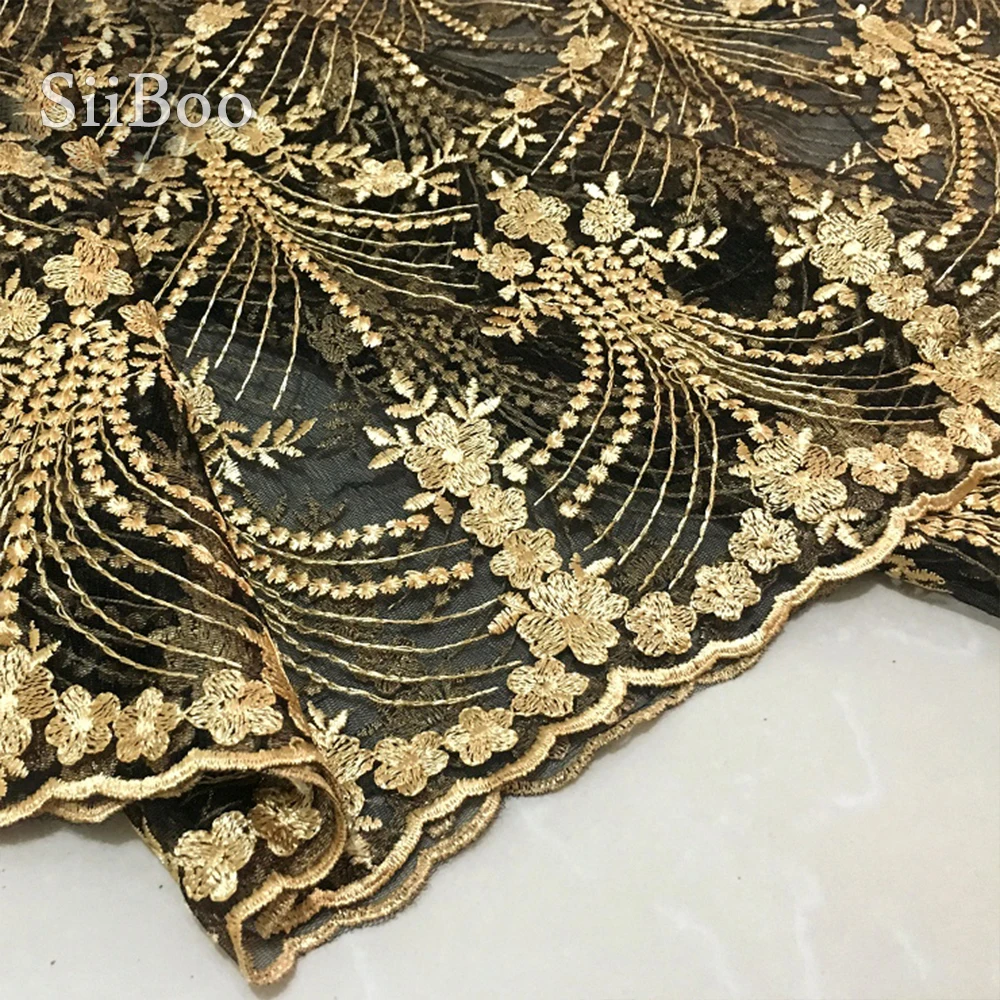 3D золотая Цветочная вышивка сетчатая кружевная ткань для свадебного платья