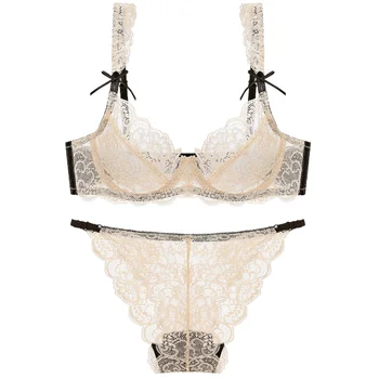 

Thin Cup Bra Set For Women Transparent Sexy Lace Bra and Panty Set Thong Underwear Unlined Large Plus Size See Through Lingerie