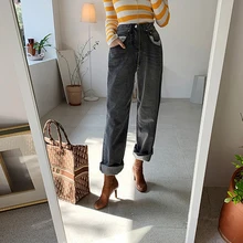 Высокие уличные складные Черные Серые джинсы женские повседневные джинсовые широкие брюки с большими карманами джинсы Уличная Femininas