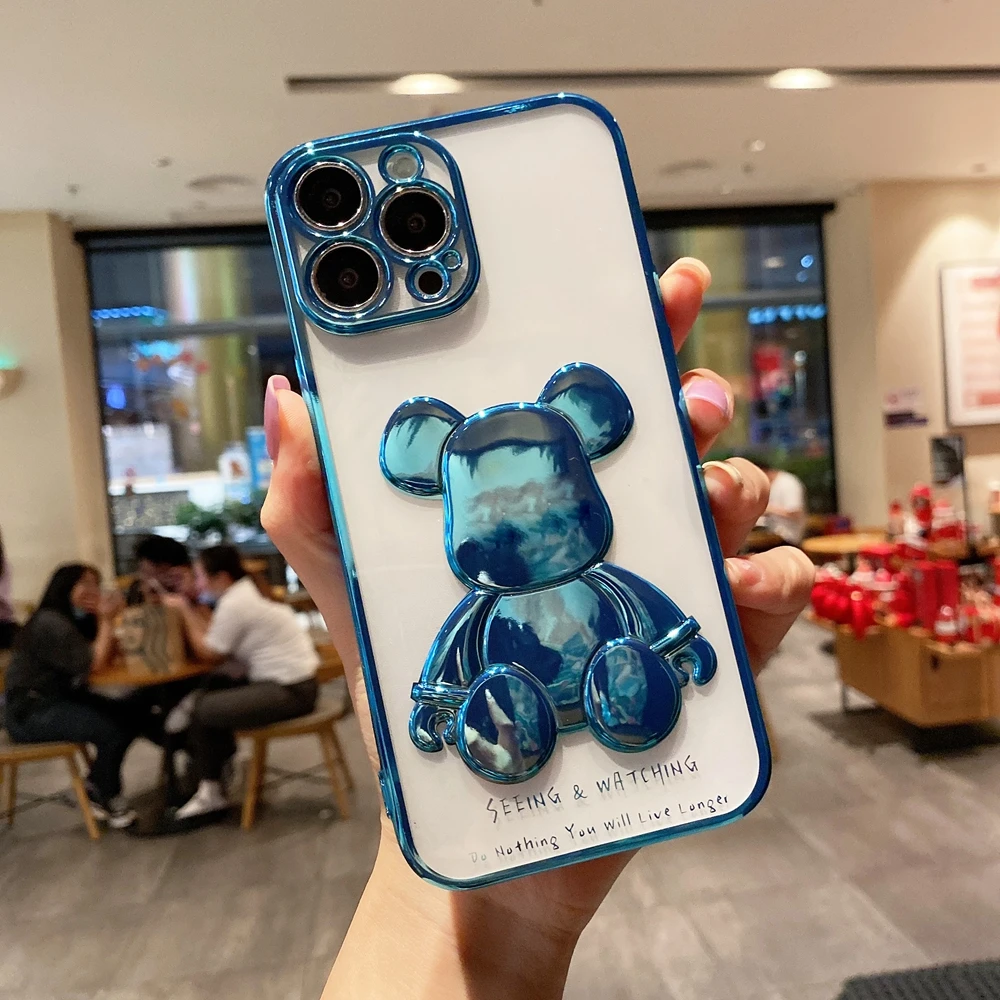 Cute Bear Plating Phone Case for iPhone 13 12 11 Pro Max X Xs Xr 8 7 Plus SE 2020 Transparent Silicone Lens Protection Cover