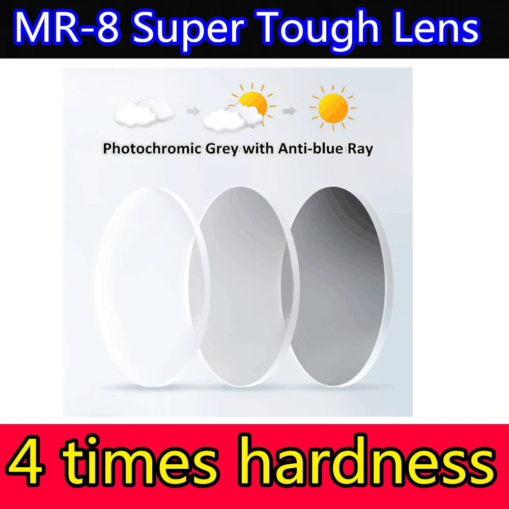 

High Quality MR-8 Super Tough Photochromic Optical Prescription Lens 1.56 -1.74 Anti-blue Light Aspheric Glasses Frame Lenses