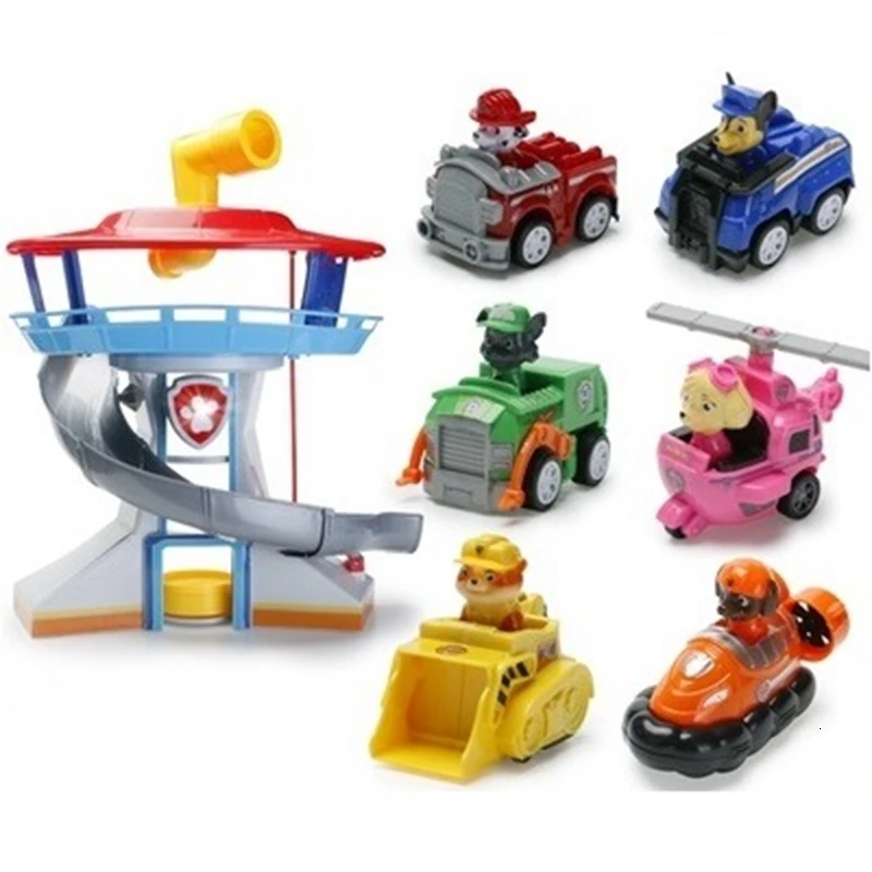 7Pcs-no box Все paw patrol автобус смотровая башня с музыкальными фигурками patrulla canina paw patrol игрушки для детей рождественские подарки - Цвет: 7Pcs-no box