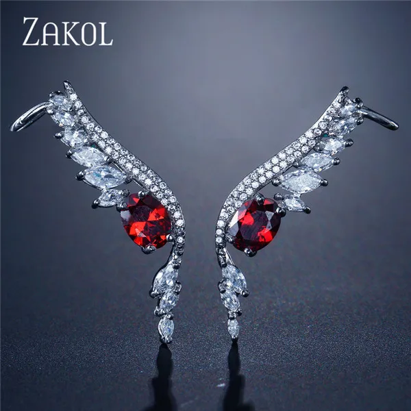 ZAKOL, Новое поступление, кубический цирконий, багет, камни, крылья, запонки, для ушей, для личности, Сверкающий Лист, женские свадебные серьги, FSEP2103 - Окраска металла: Red
