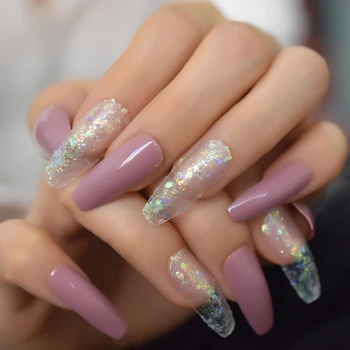 

Spirit Transparent Faux Ongles Extra Long Coffin Nails Mix Color ABS Gel Designed Fingernail Decorative with Holo Glitter 48