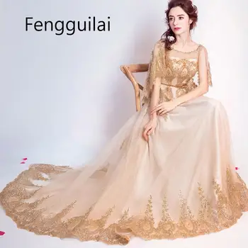 

2020 New Champagne Half Sleeve Evening Gowns Flower Pattern Crystal Beading Luxury Bling Sequined Dress Gold Mesh Dress