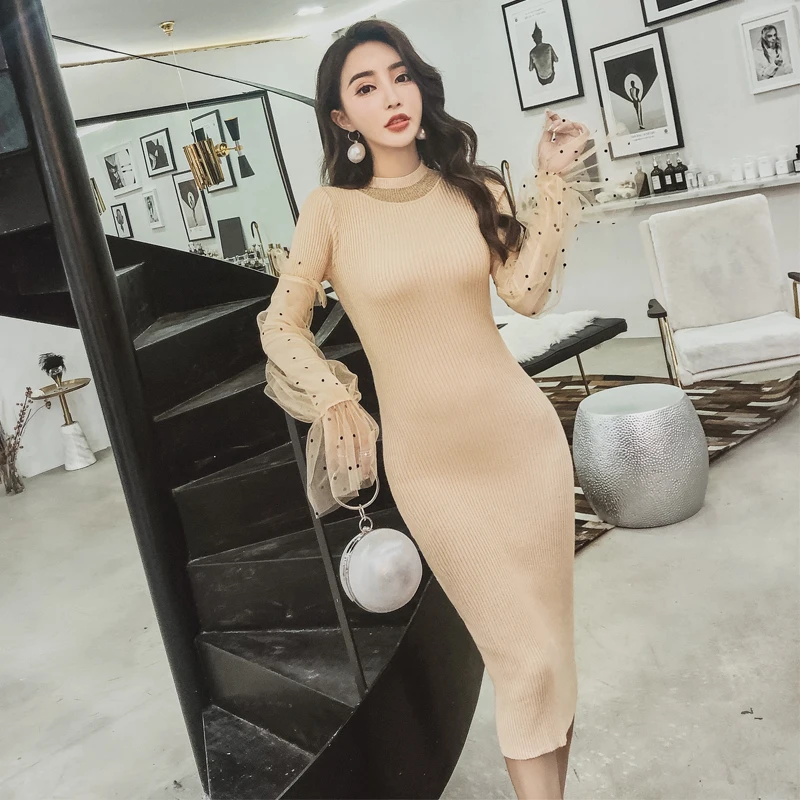 

Slim Knee-length Knitted Dress Fall and Winter 2019 New Dot Mesh Ptachwork Puff sleeve Sweater Dress Elastic Pencil Party Dress