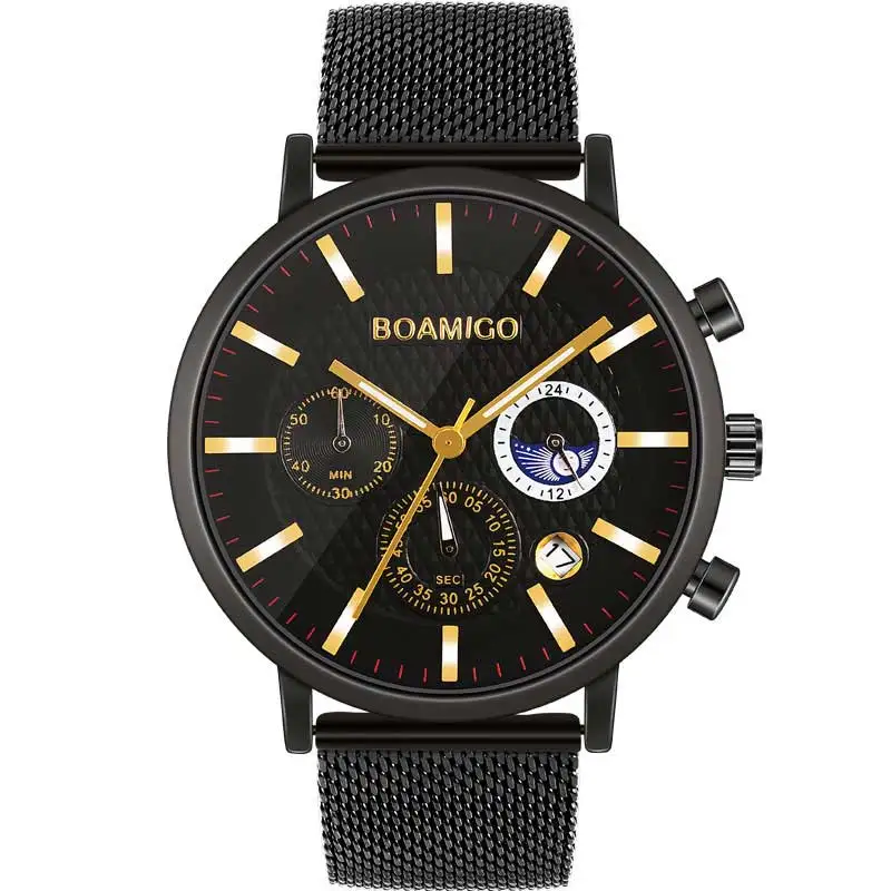 BOAMIGO, модные мужские часы, Топ бренд, Роскошные Кварцевые часы, мужские повседневные тонкие сетчатые стальные водонепроницаемые спортивные часы, Relogio Masculino - Цвет: F934Agold