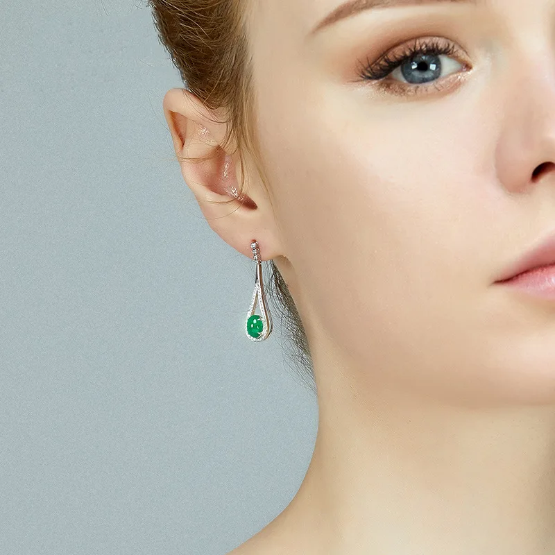 2021 Luxury Dangle Earrings For Women Emerald Gemstones Crystal Water Drop Long Pendants Sliver 925 Sterling Jewelry Wedding