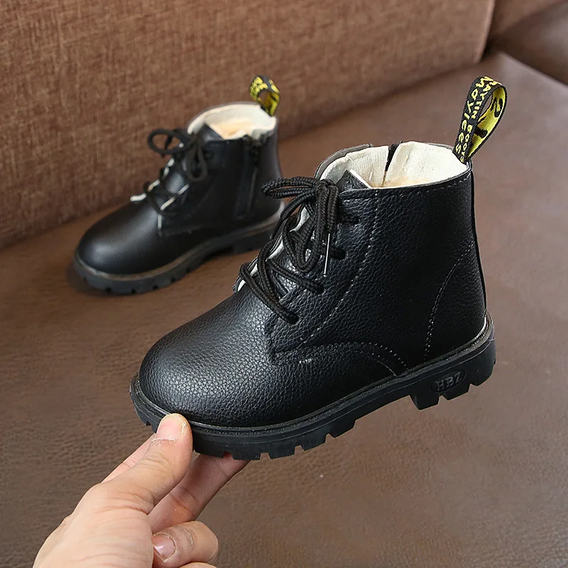 black Size27-37; Зимние Кожаные Ботинки martin для девочек; теплые детские ботинки для девочек; модная обувь с мягкой подошвой для малышей; обувь для девочек - Цвет: black