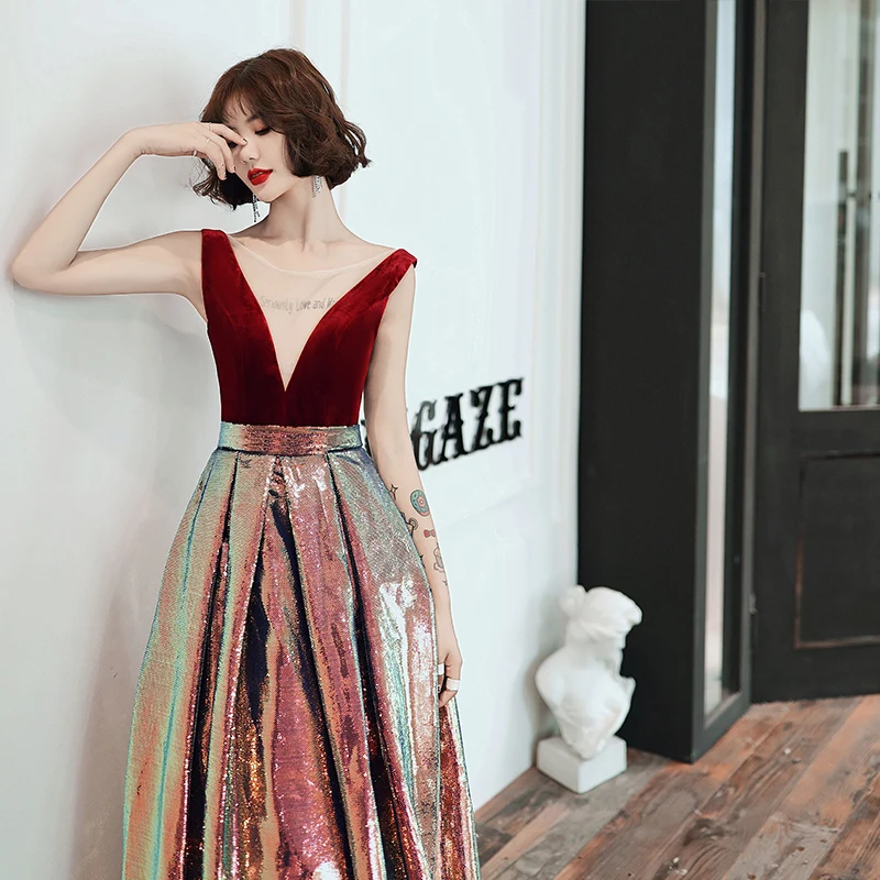 Vestidos De Gala платья для выпускного вечера велюровые с блестками v-образный вырез Gala Jurken Vestidos De Fiesta Largos Elegantes De Gala