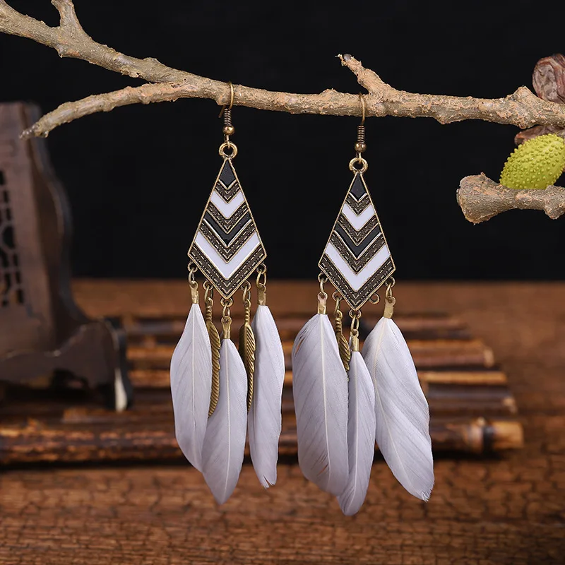 Geometric Bohemian Vintage Tassel Feather Earrings Women Jewelry Fashion Long Chain Dangle