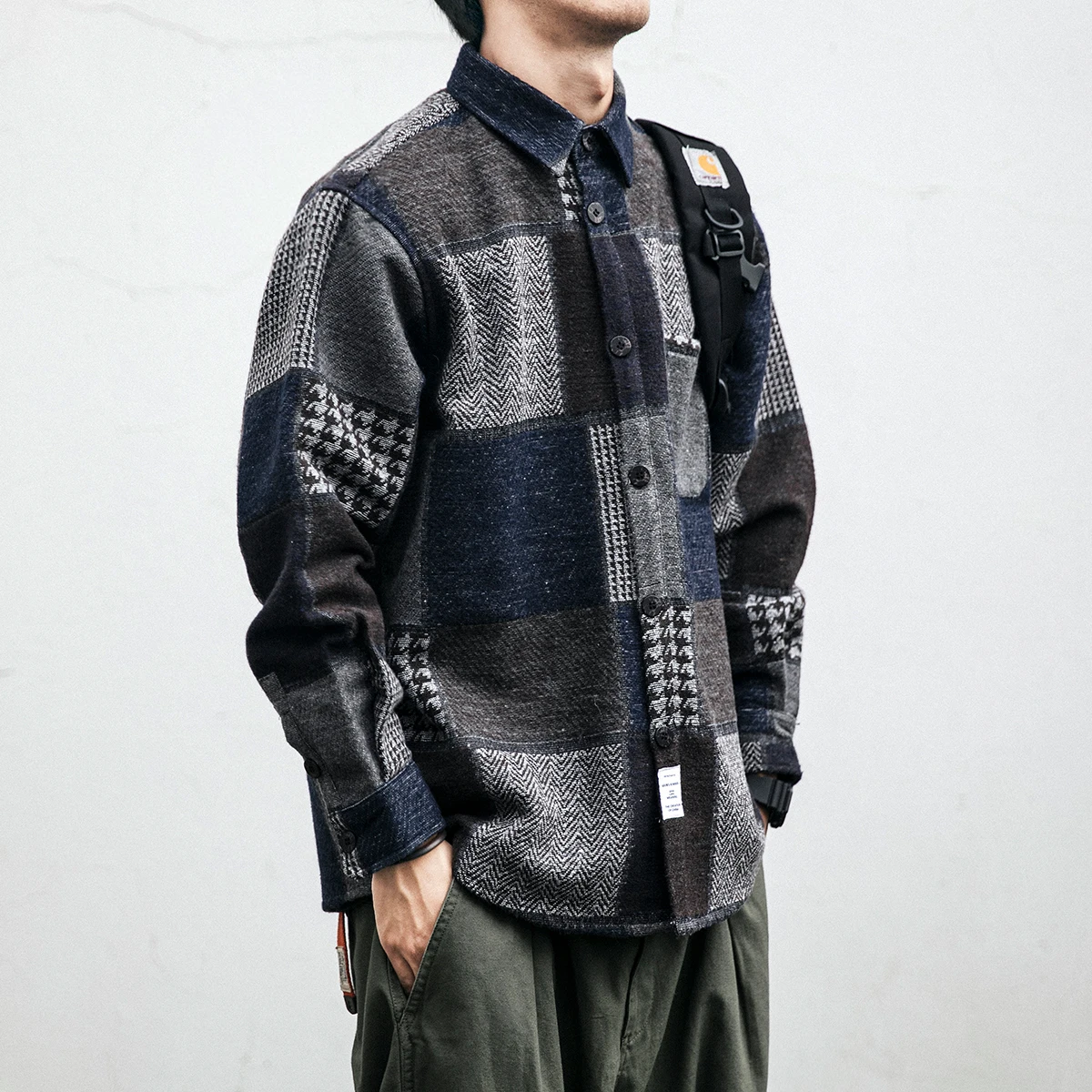 BM Autumn Winter Japanese Streetwear Retro Stitching Plaid Shirt Fashion Harajuku Thick Casual Woolen Coat Men Korean Clothes