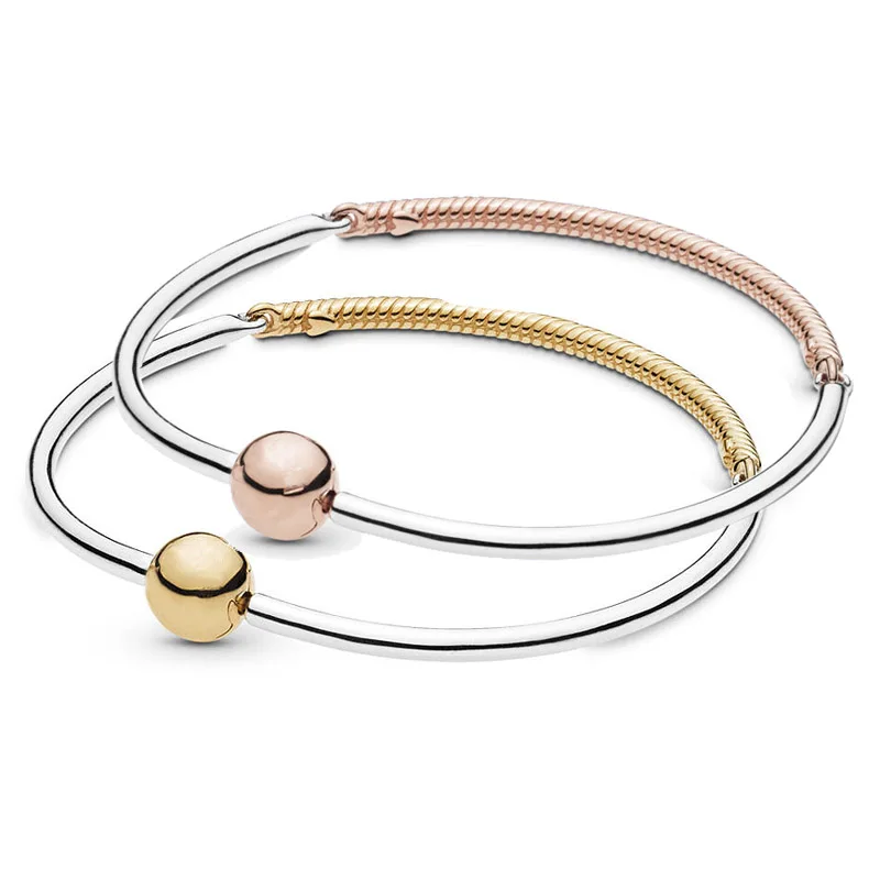 

Rose & Gold Ball Circular Clasp Three-link Bracelet Fit Pandora Bangle 925 Sterling Silver Bead Charm DIY Jewelry