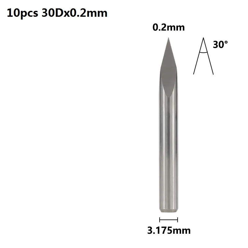 XCAN 10 шт. 20 Вт, 30 Вт/40/45/60/90 градусов наконечник 0,1-0,3mm 3 край пирамидальные гравировальные насадки 3,175 мм Концевая фреза ЧПУ 3D фреза - Cutting Edge Length: 10pcs 30Dx0.2mm