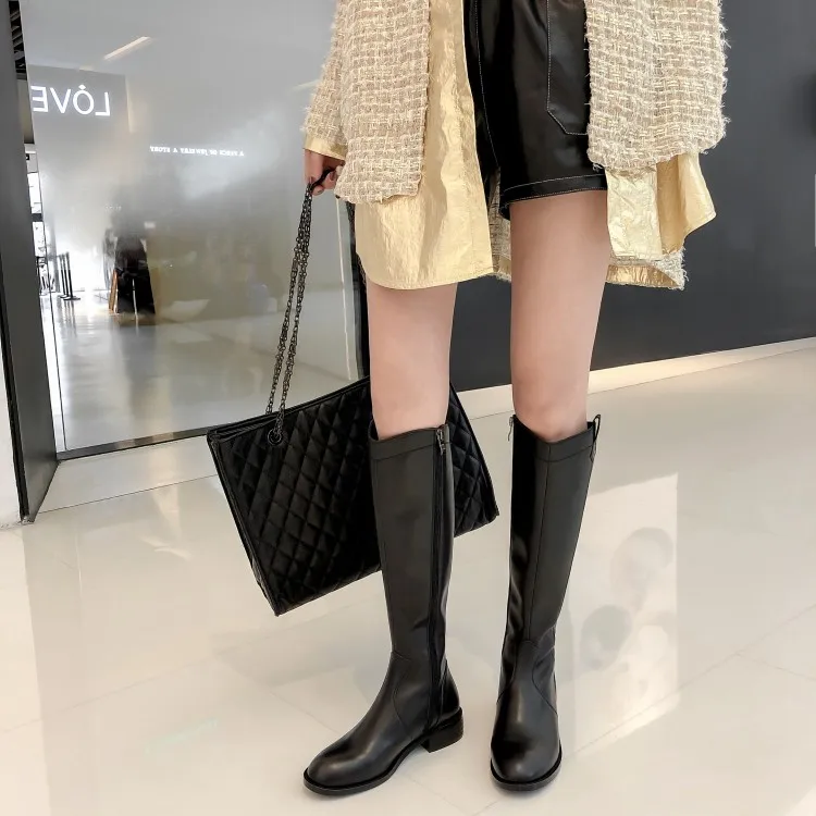 

MLJUESE 2021 women knee-high boots leather winter short plush black color zippers round toe female high boots size 34-40