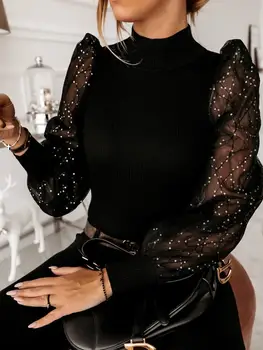 

Sexy T Shirt Women Sequined Turtleneck Solid Puff Sleeve Office Lady Plus Size Long Sleeve Women Christmas Shirts Tops