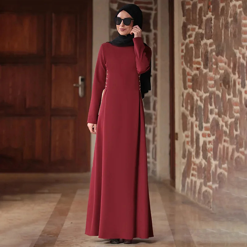 

WEPBEL Muslim Solid Color Fashion Dress Women's Casual Long Sleeve O-Neck High Waist Slim Fit Dress Arab