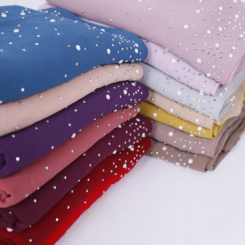 Women Muslim Plain Bubble Pearl Chiffon Scarf Hijab Hot Sale Diamond Rhinestone Shawls Headband Foulard Femme hijabs Scarves New 2