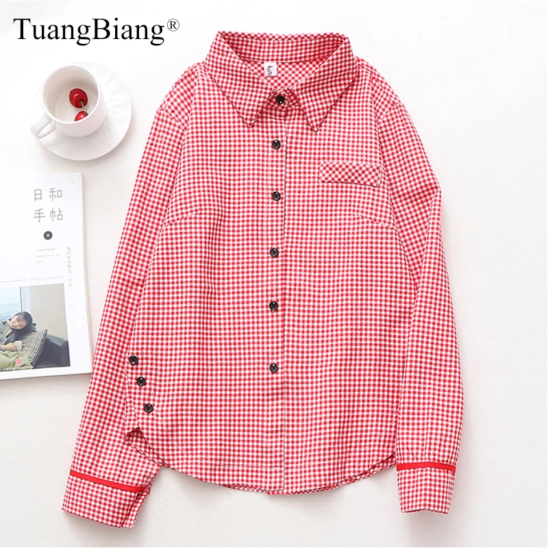 

Women Long Sleeve Red White Plaid Striped Shirts 2019 Autumn Winter Cotton Korea Lady Loose Blouses Female Pockets Button Tops