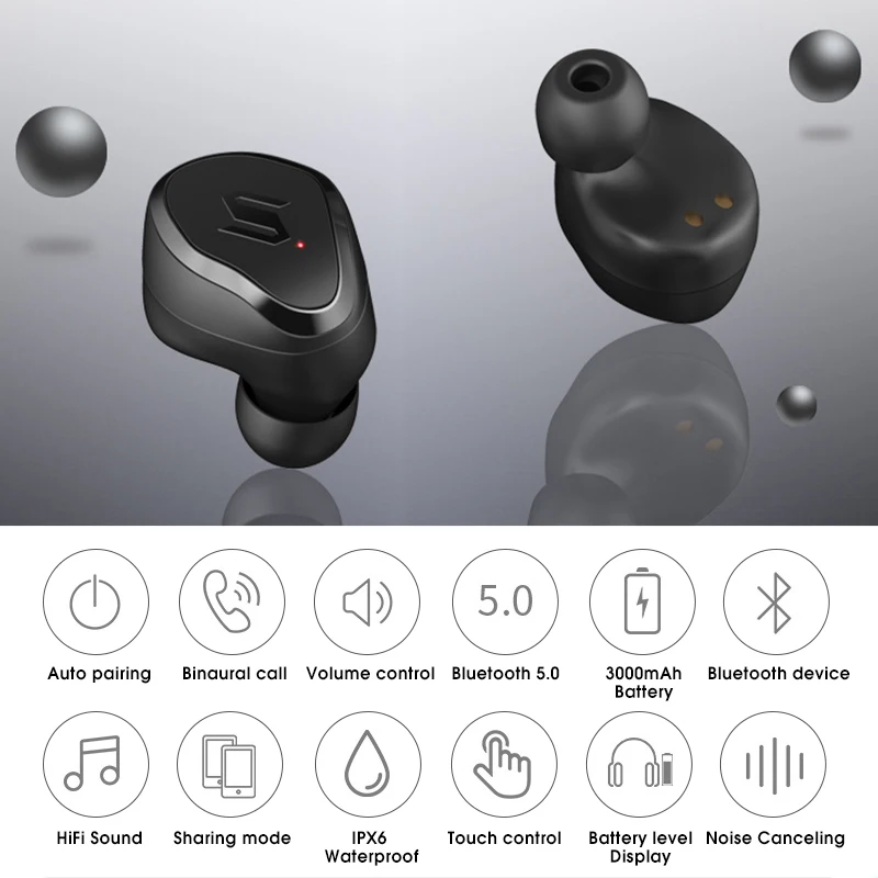 INSMA TWS беспроводные наушники bluetooth 5,0 Touch control IPX6 водонепроницаемые спортивные наушники с шумоизоляцией 3000 мАч power Bank