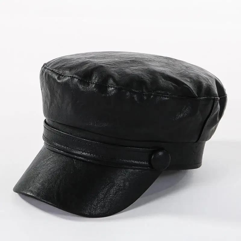 COKK Hat Women Vintage Bonnet Pu Leather Military Hats Female Womens Fashion Hat Ladies Hat Beret Caps Black Flat Cap Solid