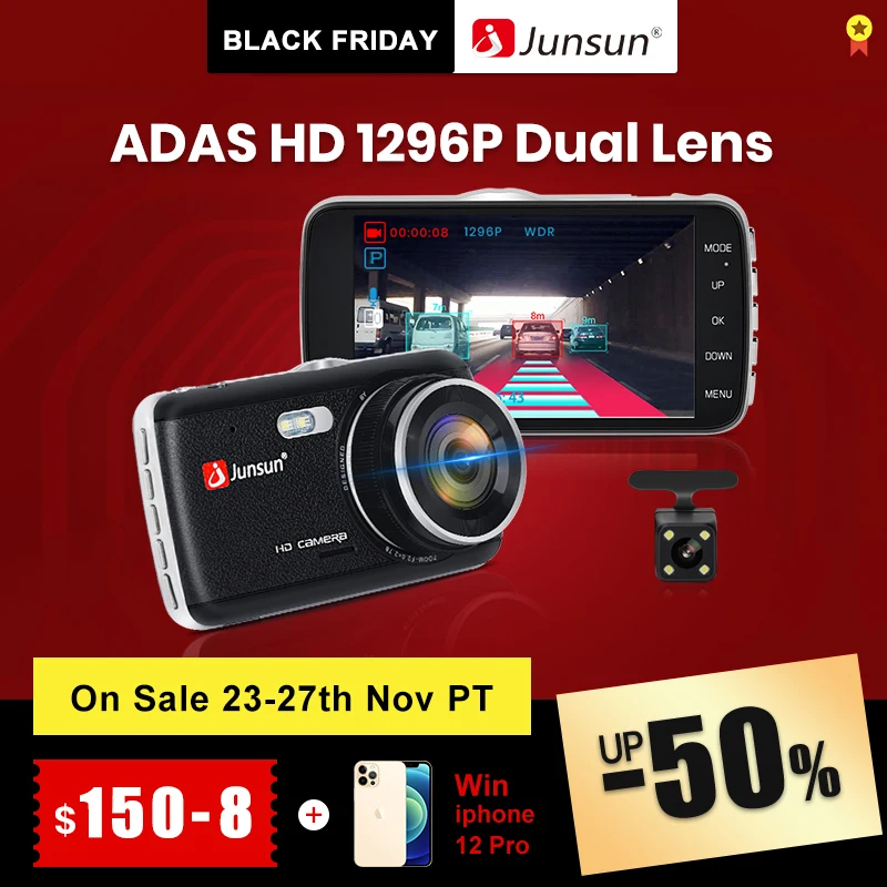 Junsun Auto Dash Camera ADAS Full HD 1296P Видеорегистратор с приводом Автомобильный