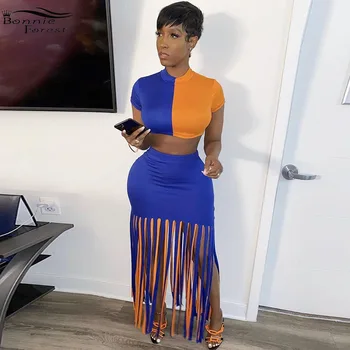 

Bonnie Forest Chic Colorblock Shredded Skirt Set Womens Short Crop Top And Fringed Maxi Skirt Set Special Occasion Outfits